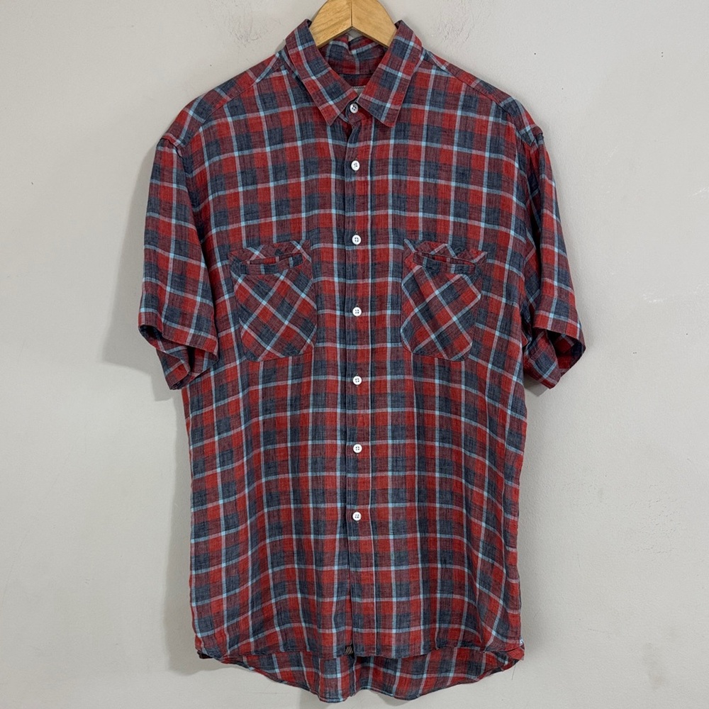 Billy Reid Standard Cut Button-Up Linen Shirt Red Plaid Short-Sleeve size L